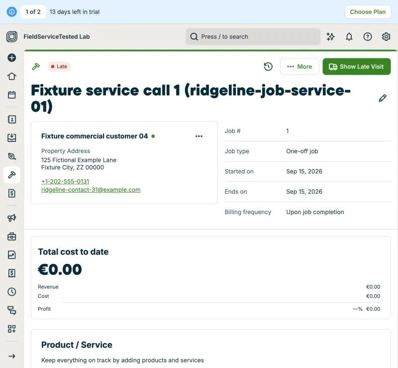 Jobber, T-01 (from signup to the first job scheduled, including importing the 25 customers from CSV): job. Own capture from the test account, fictional Ridgeline fixture data.