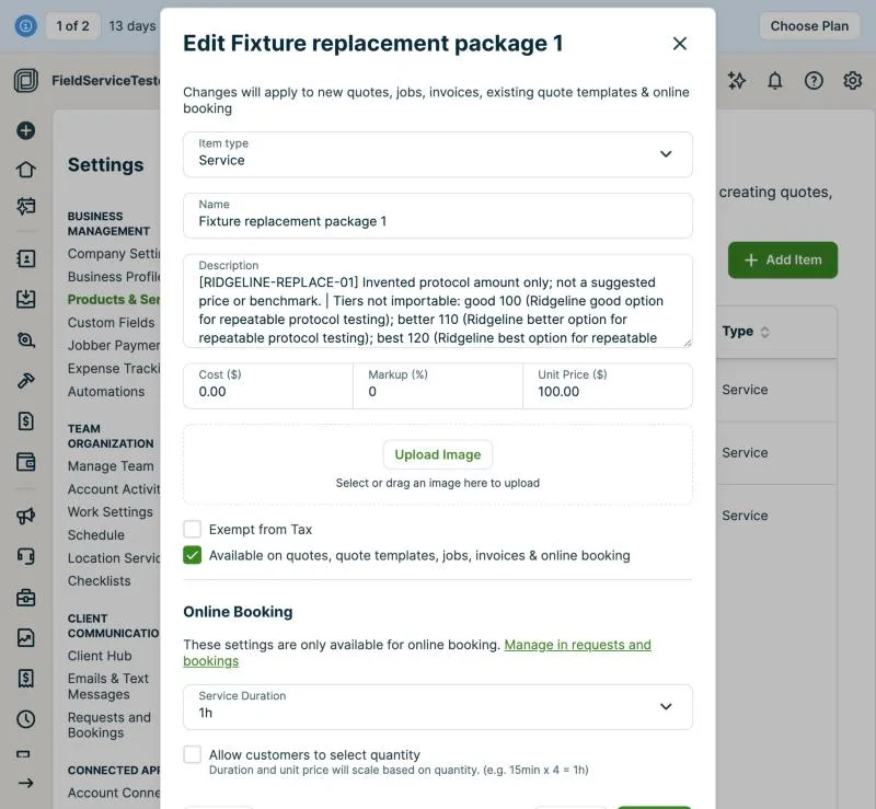 Jobber, T-02 (import the 30-item price book from CSV, including options): replacement. Own capture from the test account, fictional Ridgeline fixture data.