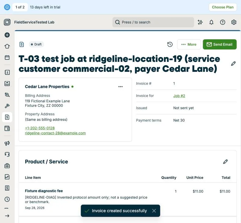 Jobber, T-03 (commercial customer with 3 locations and a separate payer (Cedar Lane)): invoice. Own capture from the test account, fictional Ridgeline fixture data.