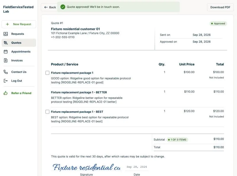 Jobber, T-05 (3-option quote (AC replacement); the customer approves one option online): approved. Own capture from the test account, fictional Ridgeline fixture data.