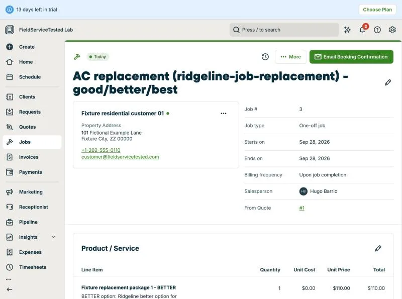 Jobber, T-05 (3-option quote (AC replacement); the customer approves one option online): job. Own capture from the test account, fictional Ridgeline fixture data.