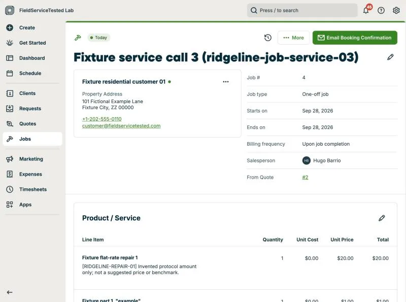 Jobber, T-06 (quote → job → invoice; the tech adds a part in the field): field added. Own capture from the test account, fictional Ridgeline fixture data.