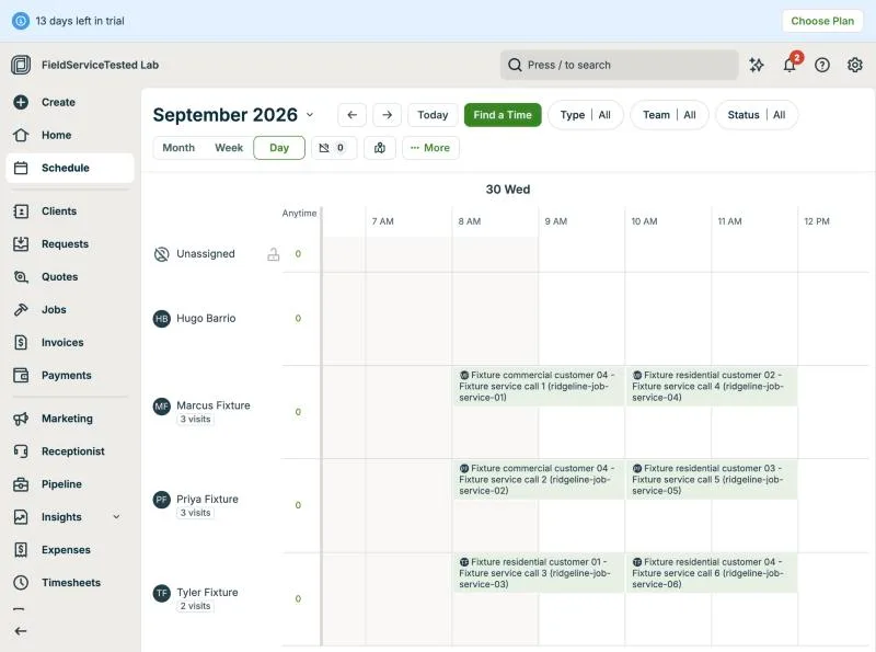 Jobber, T-07 (schedule 8 jobs across 3 techs; an emergency call bumps one): schedule before. Own capture from the test account, fictional Ridgeline fixture data.