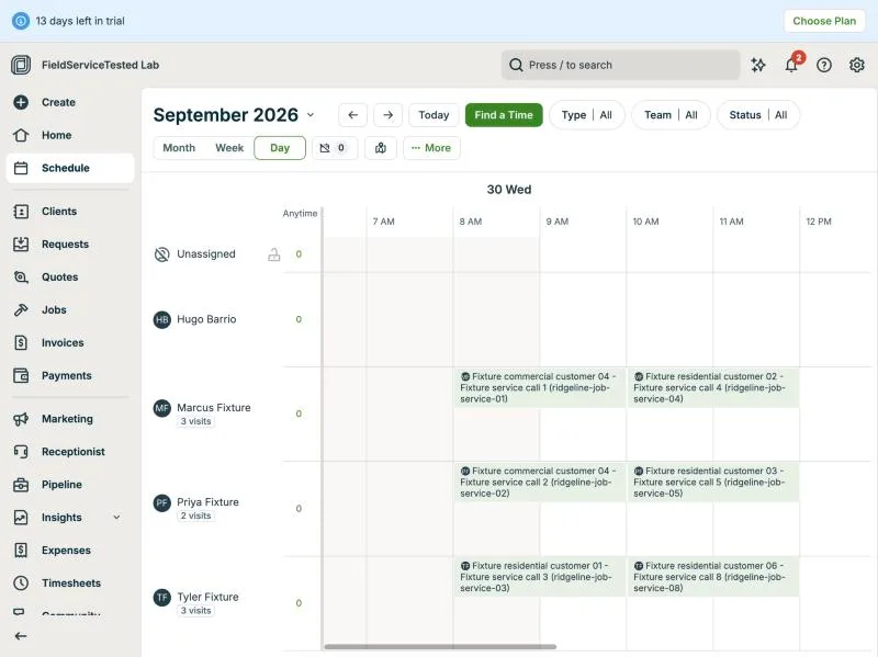 Jobber, T-07 (schedule 8 jobs across 3 techs; an emergency call bumps one): schedule after am. Own capture from the test account, fictional Ridgeline fixture data.