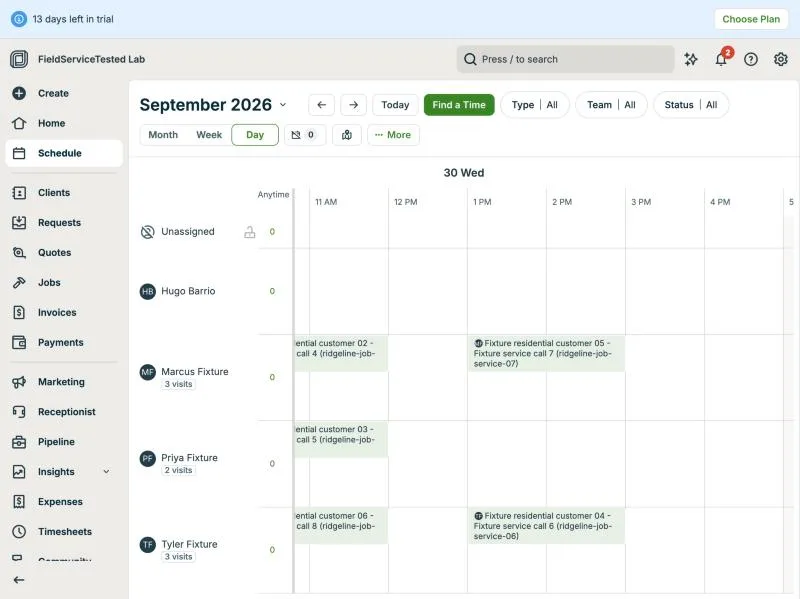 Jobber, T-07 (schedule 8 jobs across 3 techs; an emergency call bumps one): schedule after pm. Own capture from the test account, fictional Ridgeline fixture data.