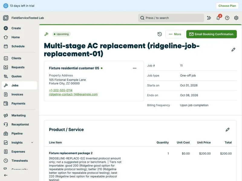 Jobber, T-08 (multi-stage replacement over 3 visits): job. Own capture from the test account, fictional Ridgeline fixture data.