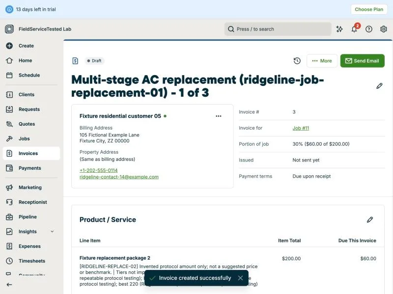 Jobber, T-08 (multi-stage replacement over 3 visits): invoice 1of3. Own capture from the test account, fictional Ridgeline fixture data.