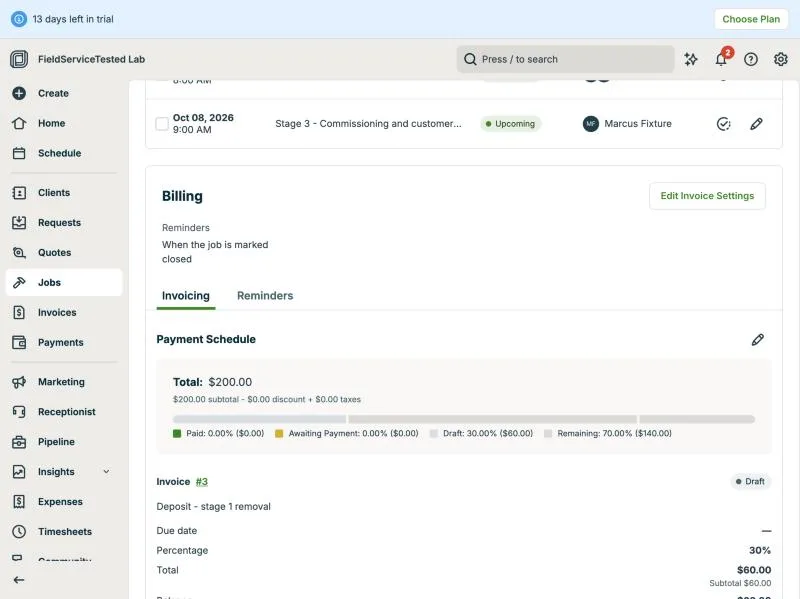 Jobber, T-08 (multi-stage replacement over 3 visits): payment schedule. Own capture from the test account, fictional Ridgeline fixture data.