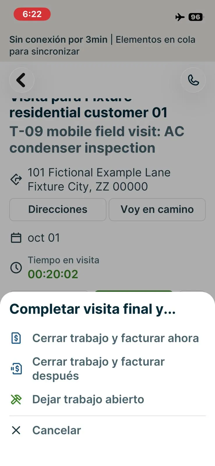 Jobber, T-09 (on a phone: open the job, see equipment history, add photos, notes and a checklist, capture a signature; repeat offline): completing the visit offline. Own capture from the test account, fictional Ridgeline fixture data.