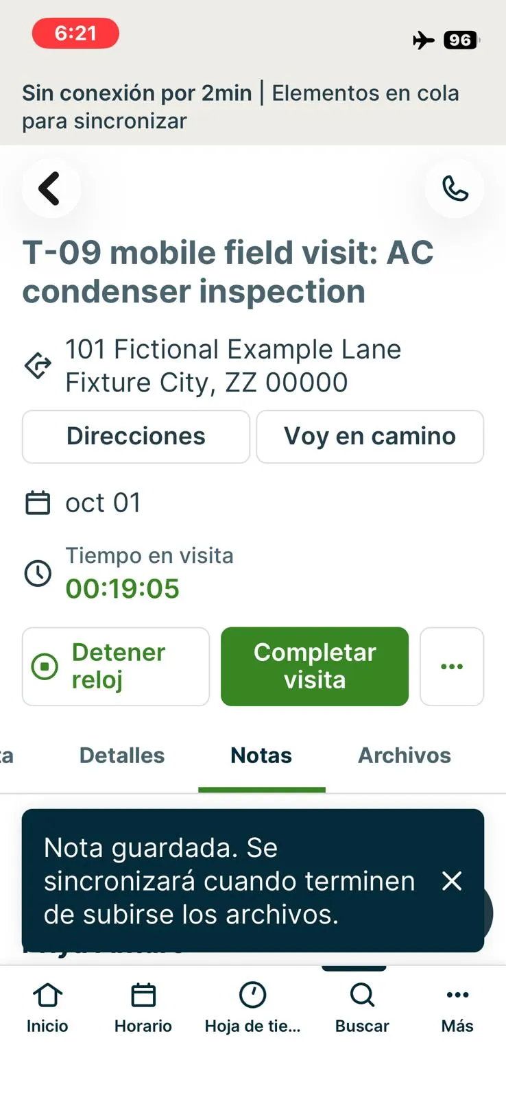 Jobber, T-09 (on a phone: open the job, see equipment history, add photos, notes and a checklist, capture a signature; repeat offline): offline banner with items queued to sync and the note saved. Own capture from the test account, fictional Ridgeline fixture data.