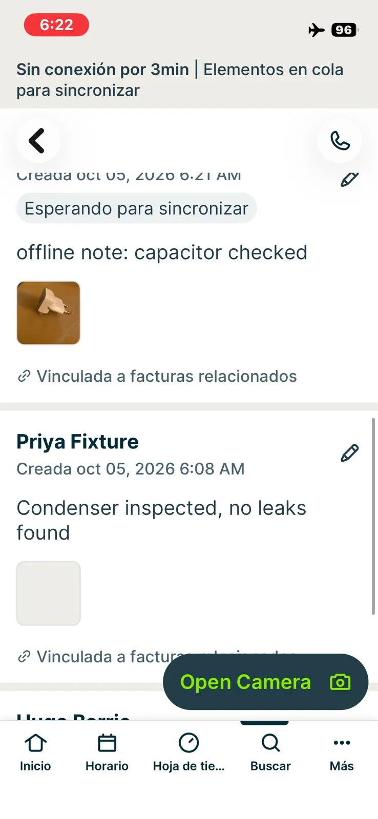 Jobber, T-09 (on a phone: open the job, see equipment history, add photos, notes and a checklist, capture a signature; repeat offline): offline note and photo waiting to sync. Own capture from the test account, fictional Ridgeline fixture data.