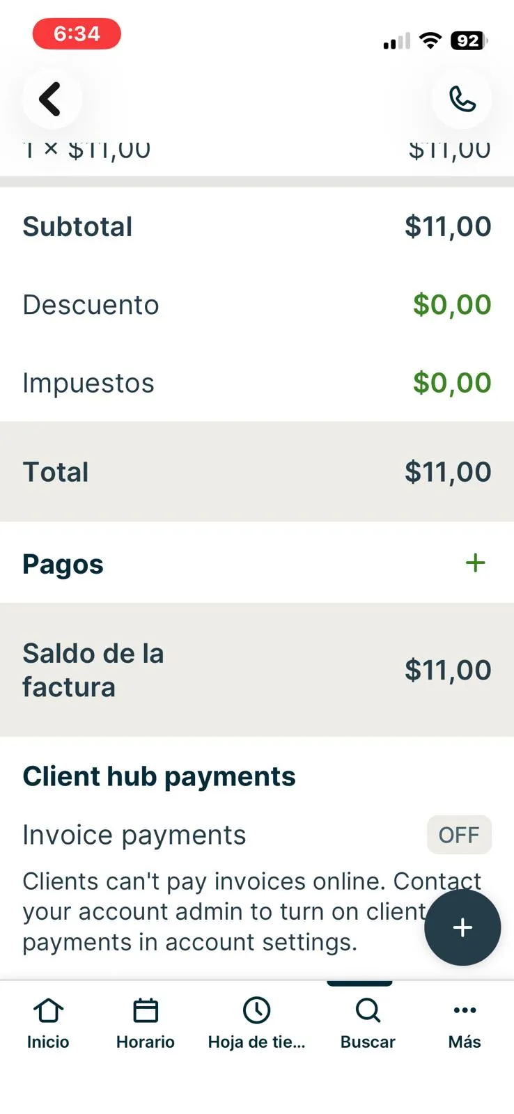 Jobber, T-10 (take a payment in test mode or send a payment link): online invoice payments off in the trial. Own capture from the test account, fictional Ridgeline fixture data.