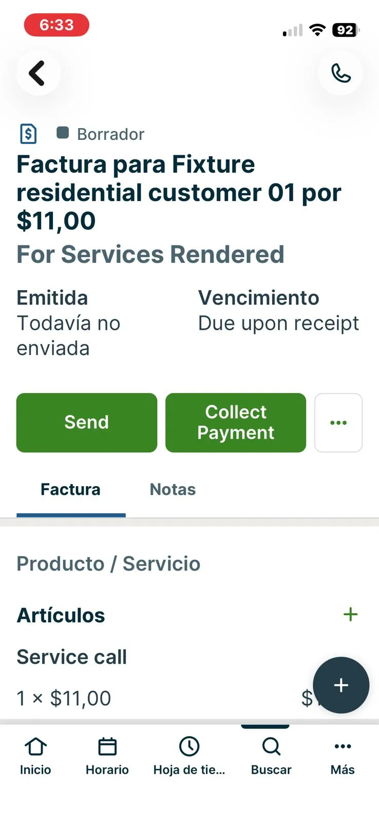 Jobber, T-10 (take a payment in test mode or send a payment link): invoice created on the phone. Own capture from the test account, fictional Ridgeline fixture data.