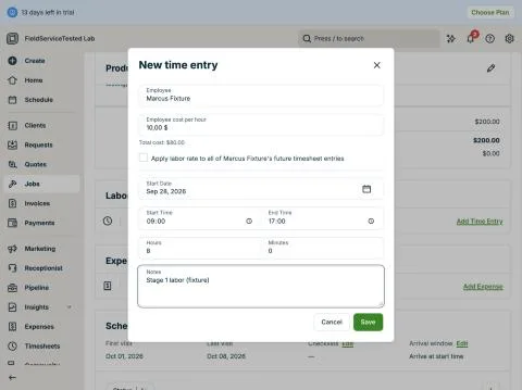 Jobber, T-12 (job costing for the multi-stage job): time entry. Own capture from the test account, fictional Ridgeline fixture data.
