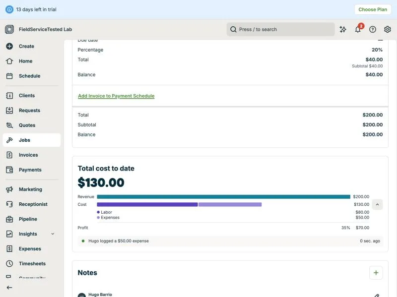 Jobber, T-12 (job costing for the multi-stage job): profit. Own capture from the test account, fictional Ridgeline fixture data.