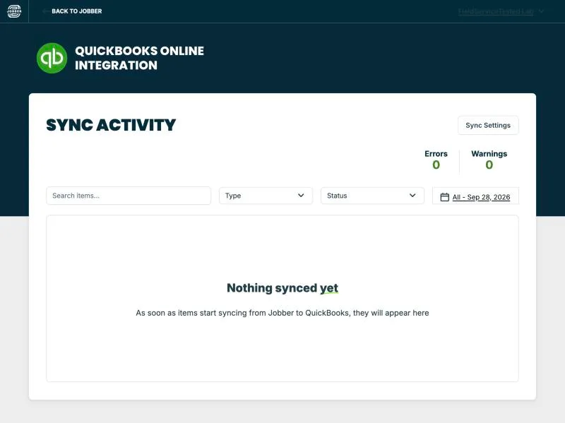 Jobber, T-13 (quickBooks Online sync of an invoice and a payment (sandbox)): connected. Own capture from the test account, fictional Ridgeline fixture data.