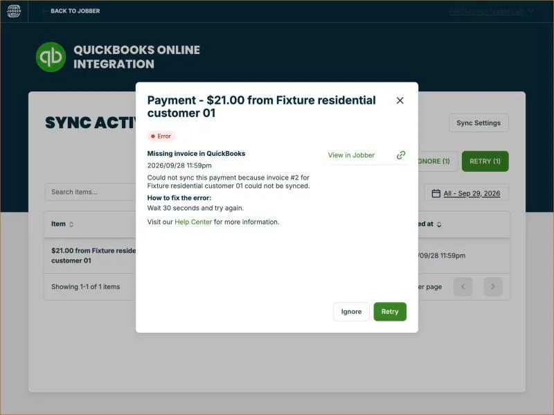 Jobber, T-13 (quickBooks Online sync of an invoice and a payment (sandbox)): payment error. Own capture from the test account, fictional Ridgeline fixture data.