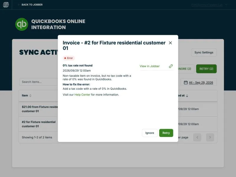 Jobber, T-13 (quickBooks Online sync of an invoice and a payment (sandbox)): invoice tax error. Own capture from the test account, fictional Ridgeline fixture data.