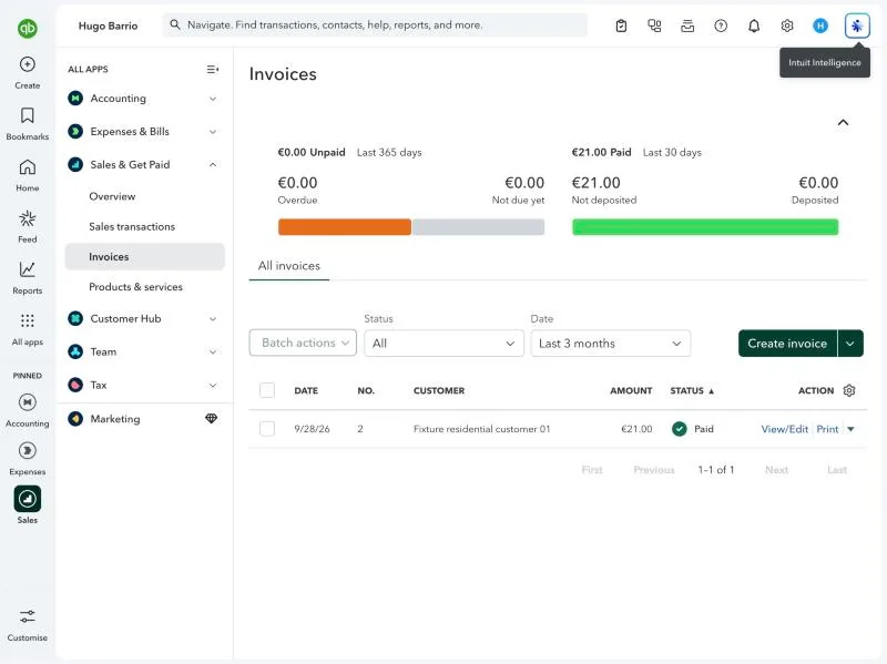 Jobber, T-13 (quickBooks Online sync of an invoice and a payment (sandbox)): qbo invoices. Own capture from the test account, fictional Ridgeline fixture data.