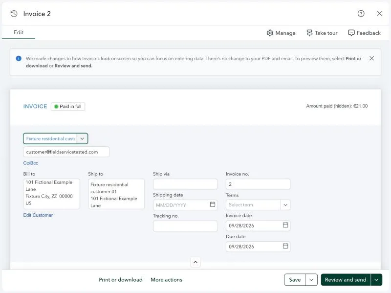 Jobber, T-13 (quickBooks Online sync of an invoice and a payment (sandbox)): qbo invoice header. Own capture from the test account, fictional Ridgeline fixture data.