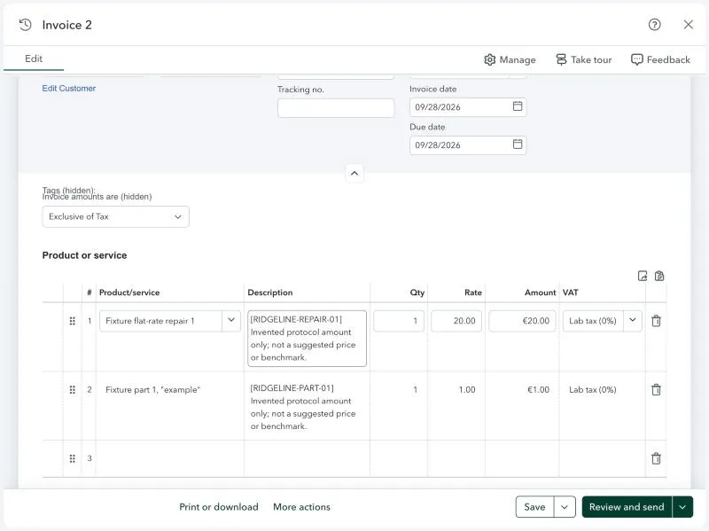 Jobber, T-13 (quickBooks Online sync of an invoice and a payment (sandbox)): qbo invoice lines. Own capture from the test account, fictional Ridgeline fixture data.