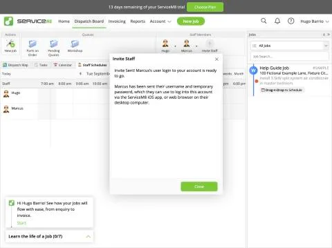 ServiceM8, T-01 (from signup to the first job scheduled, including importing the 25 customers from CSV): staff invite. Own capture from the test account, fictional Ridgeline fixture data.