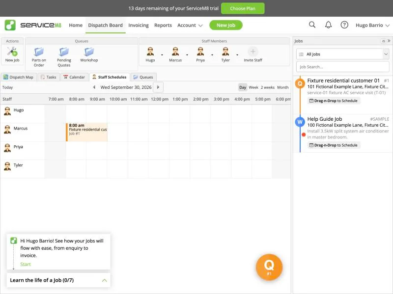 ServiceM8, T-01 (from signup to the first job scheduled, including importing the 25 customers from CSV): job scheduled. Own capture from the test account, fictional Ridgeline fixture data.