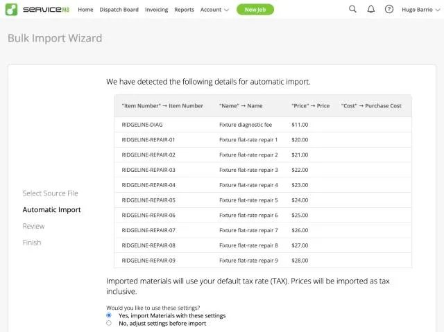 ServiceM8, T-02 (import the 30-item price book from CSV, including options): auto mapping. Own capture from the test account, fictional Ridgeline fixture data.