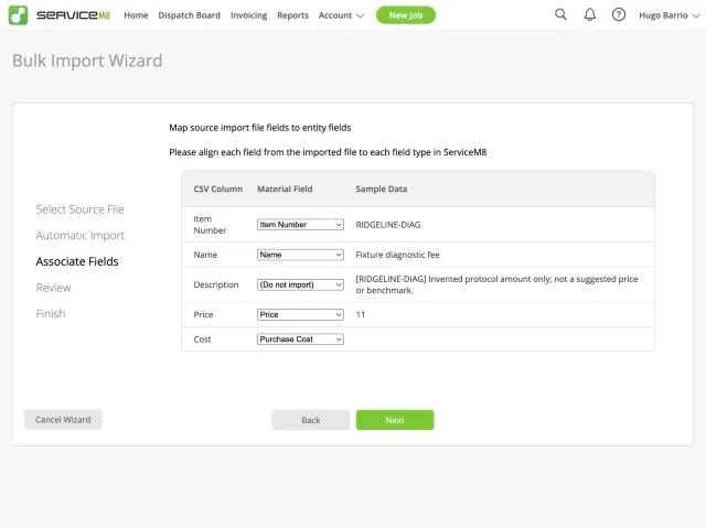 ServiceM8, T-02 (import the 30-item price book from CSV, including options): field options. Own capture from the test account, fictional Ridgeline fixture data.