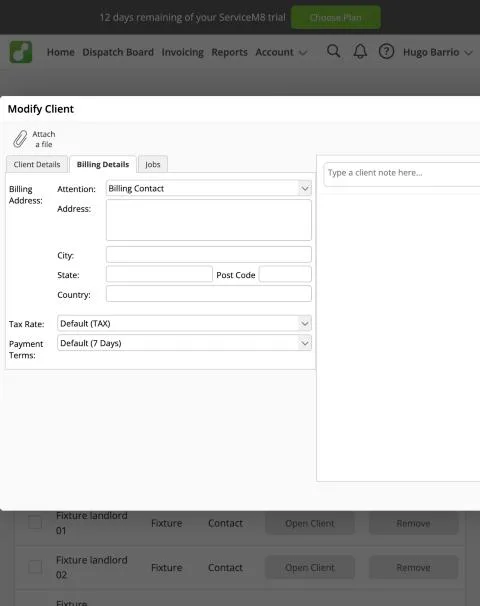 ServiceM8, T-03 (commercial customer with 3 locations and a separate payer (Cedar Lane)): client billing. Own capture from the test account, fictional Ridgeline fixture data.