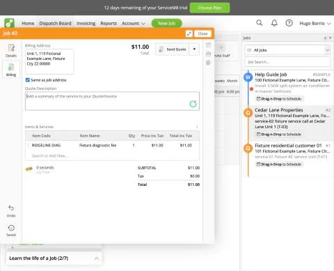 ServiceM8, T-03 (commercial customer with 3 locations and a separate payer (Cedar Lane)): job billing. Own capture from the test account, fictional Ridgeline fixture data.
