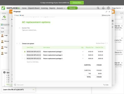ServiceM8, T-05 (3-option quote (AC replacement); the customer approves one option online): proposal options. Own capture from the test account, fictional Ridgeline fixture data.