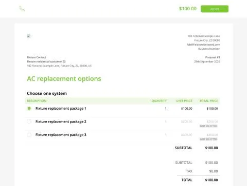 ServiceM8, T-05 (3-option quote (AC replacement); the customer approves one option online): customer view. Own capture from the test account, fictional Ridgeline fixture data.