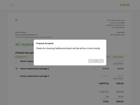 ServiceM8, T-05 (3-option quote (AC replacement); the customer approves one option online): accepted. Own capture from the test account, fictional Ridgeline fixture data.
