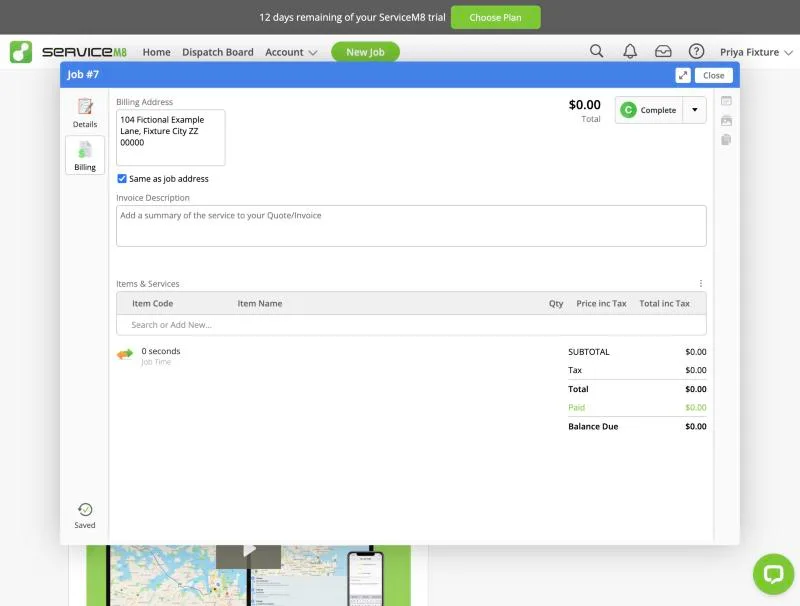 ServiceM8, T-06 (quote → job → invoice; the tech adds a part in the field): billing empty. Own capture from the test account, fictional Ridgeline fixture data.