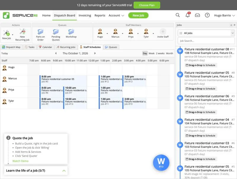 ServiceM8, T-07 (schedule 8 jobs across 3 techs; an emergency call bumps one): after. Own capture from the test account, fictional Ridgeline fixture data.