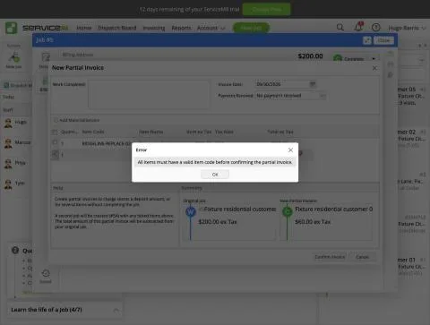 ServiceM8, T-08 (multi-stage replacement over 3 visits): item code required. Own capture from the test account, fictional Ridgeline fixture data.