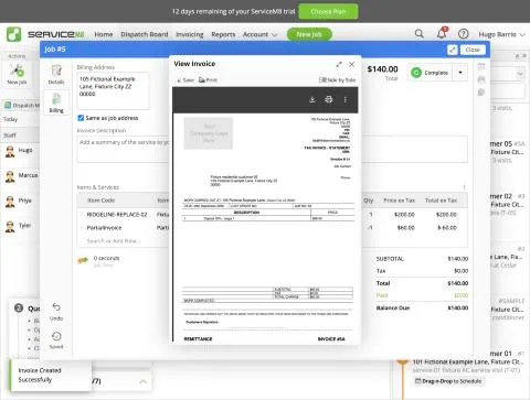 ServiceM8, T-08 (multi-stage replacement over 3 visits): invoice 5a. Own capture from the test account, fictional Ridgeline fixture data.