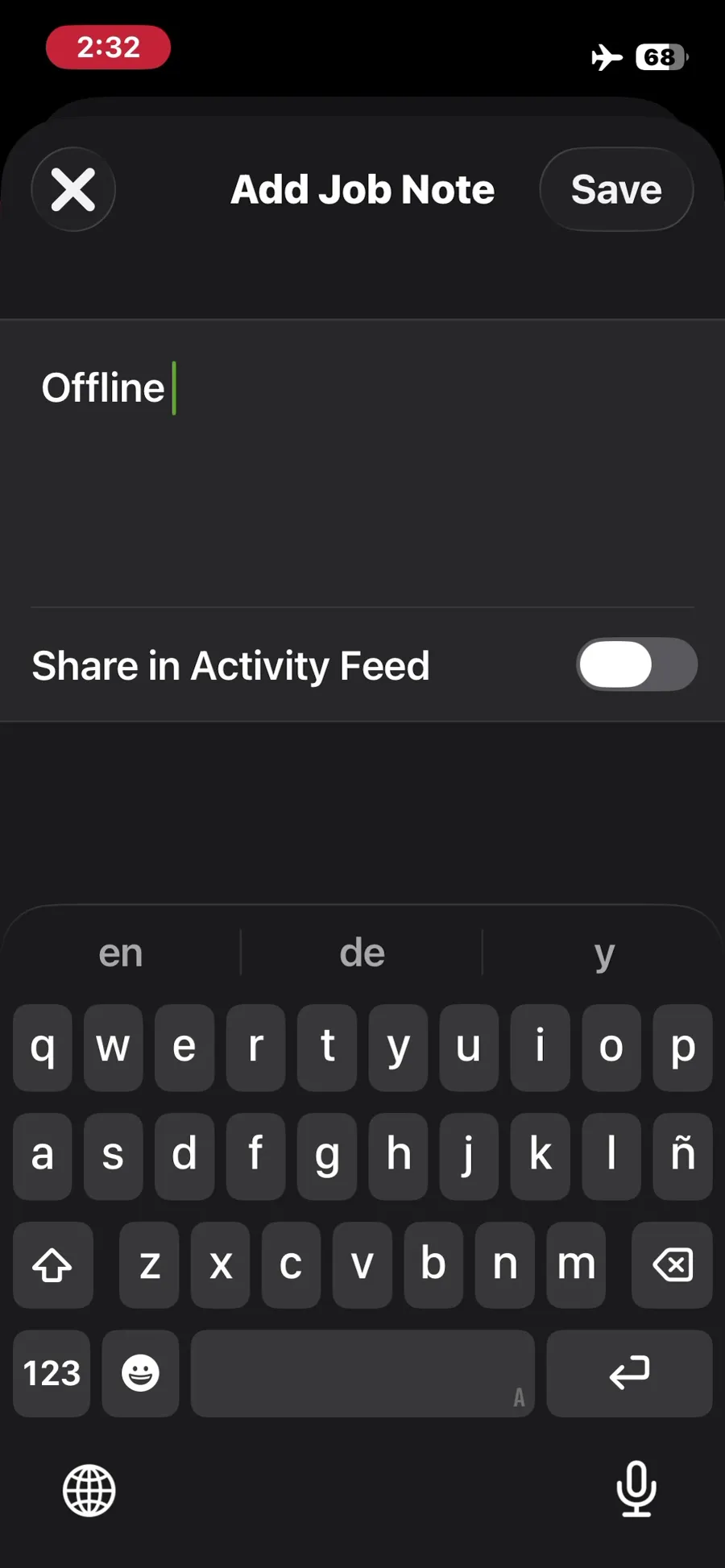 ServiceM8, T-09 (on a phone: open the job, see equipment history, add photos, notes and a checklist, capture a signature; repeat offline): note added in airplane mode. Own capture from the test account, fictional Ridgeline fixture data.