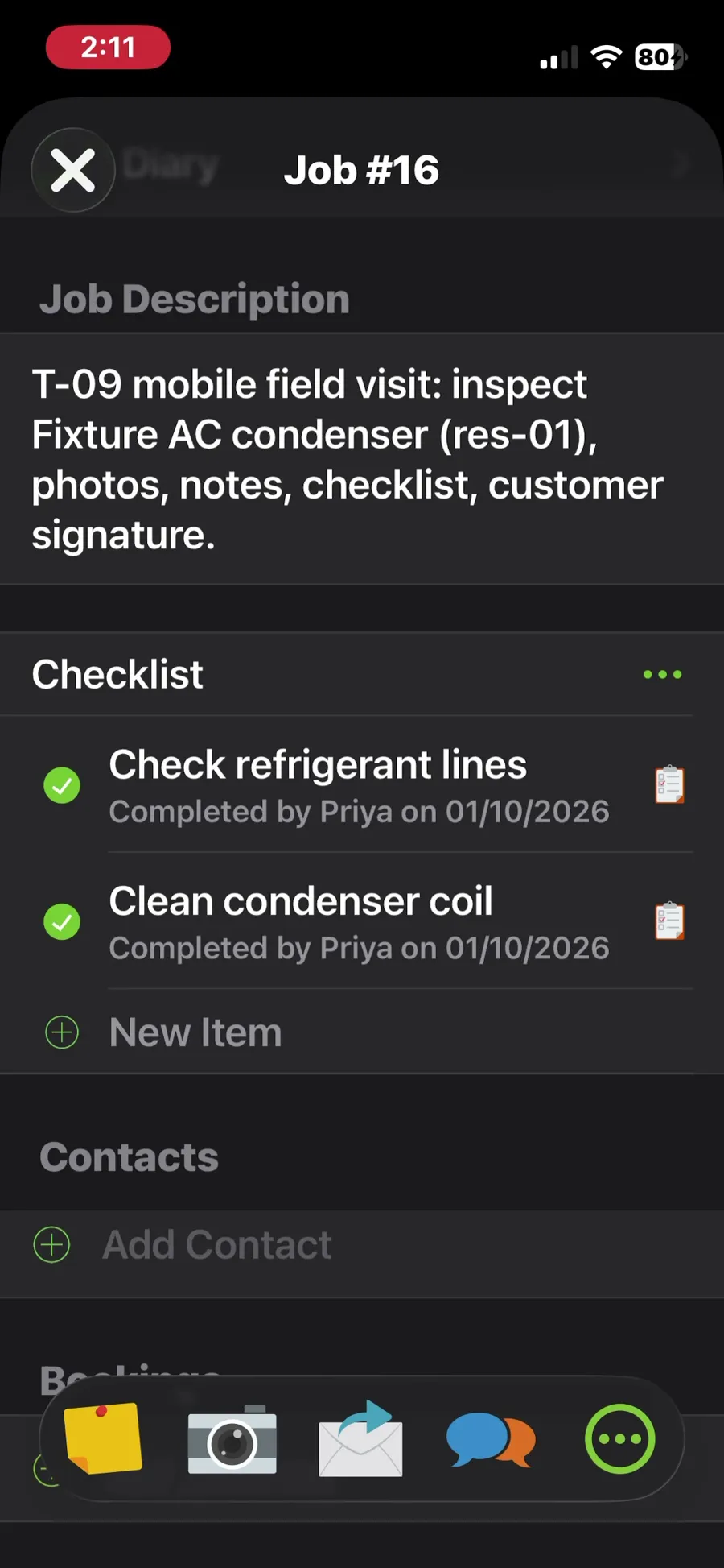 ServiceM8, T-09 (on a phone: open the job, see equipment history, add photos, notes and a checklist, capture a signature; repeat offline): checklist completed online. Own capture from the test account, fictional Ridgeline fixture data.