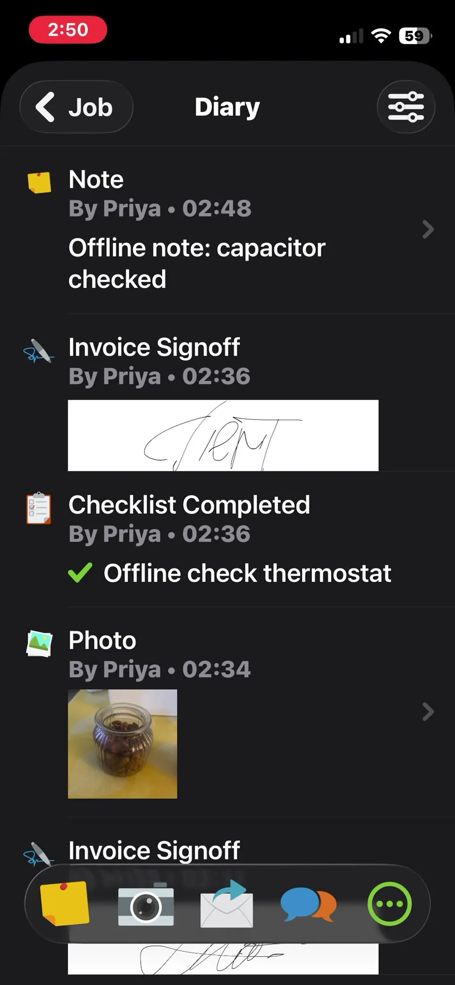 ServiceM8, T-09 (on a phone: open the job, see equipment history, add photos, notes and a checklist, capture a signature; repeat offline): job diary after reopening the app, with the offline note, checklist item, photo and signoff. Own capture from the test account, fictional Ridgeline fixture data.