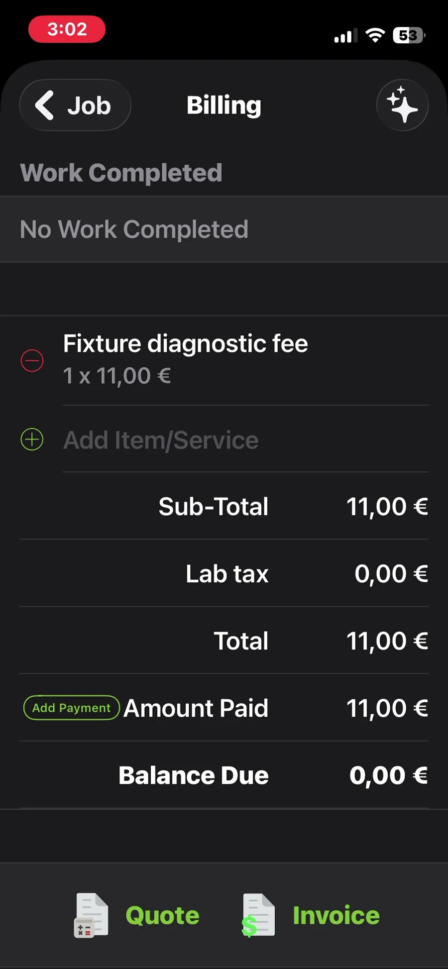 ServiceM8, T-10 (take a payment in test mode or send a payment link): billing with the amount paid and no balance due. Own capture from the test account, fictional Ridgeline fixture data.