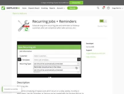 ServiceM8, T-11 (maintenance plan with 2 visits a year and recurring billing): addon. Own capture from the test account, fictional Ridgeline fixture data.