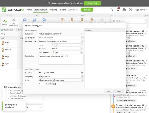 ServiceM8, T-11 (maintenance plan with 2 visits a year and recurring billing): template mandatory. Own capture from the test account, fictional Ridgeline fixture data.