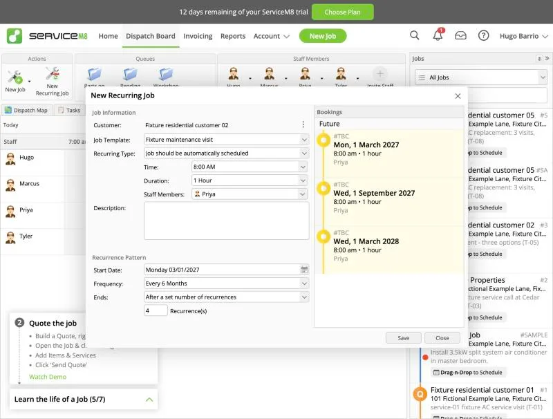ServiceM8, T-11 (maintenance plan with 2 visits a year and recurring billing): setup. Own capture from the test account, fictional Ridgeline fixture data.