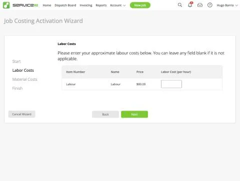 ServiceM8, T-12 (job costing for the multi-stage job): labor cost setup. Own capture from the test account, fictional Ridgeline fixture data.
