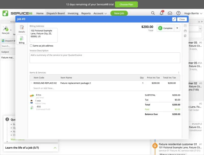 ServiceM8, T-12 (job costing for the multi-stage job): estimated profit. Own capture from the test account, fictional Ridgeline fixture data.