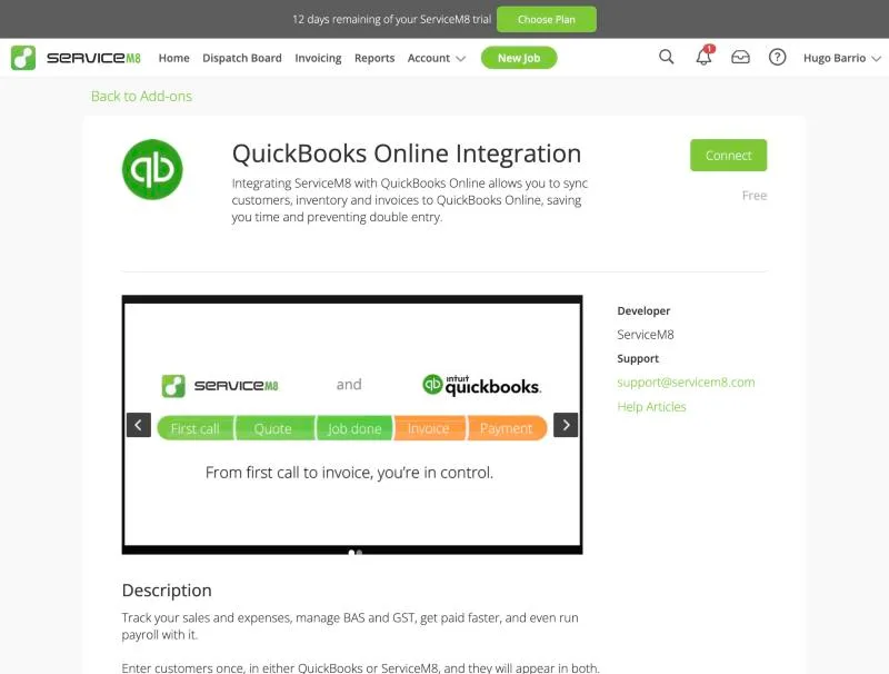ServiceM8, T-13 (quickBooks Online sync of an invoice and a payment (sandbox)): addon. Own capture from the test account, fictional Ridgeline fixture data.