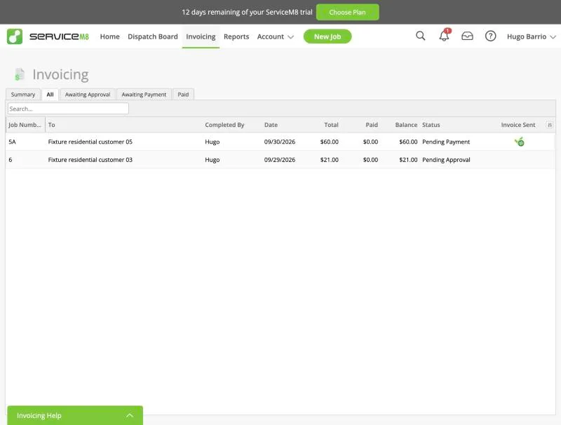 ServiceM8, T-13 (quickBooks Online sync of an invoice and a payment (sandbox)): sm8 status. Own capture from the test account, fictional Ridgeline fixture data.