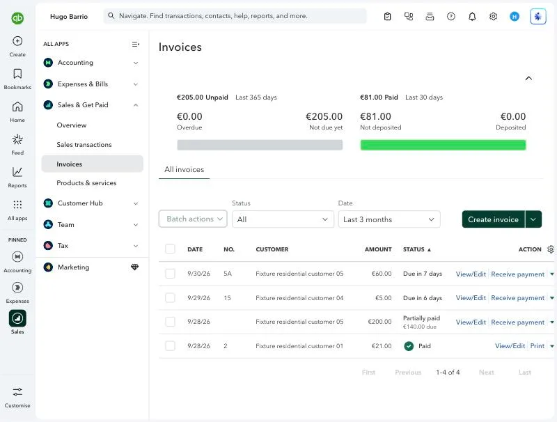 ServiceM8, T-13 (quickBooks Online sync of an invoice and a payment (sandbox)): qbo invoices. Own capture from the test account, fictional Ridgeline fixture data.